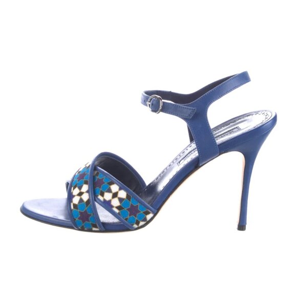 Manolo Blahnik Blue Strappy Leather Printed Sandal Heels - Picture 2 of 6